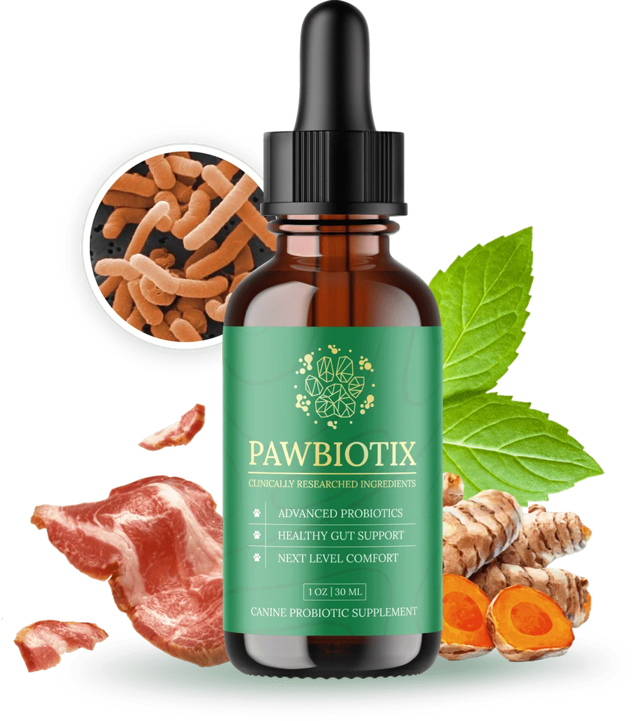 PawBiotix dog probiotic supplement bottle with bacon, turmeric and probiotic close-up