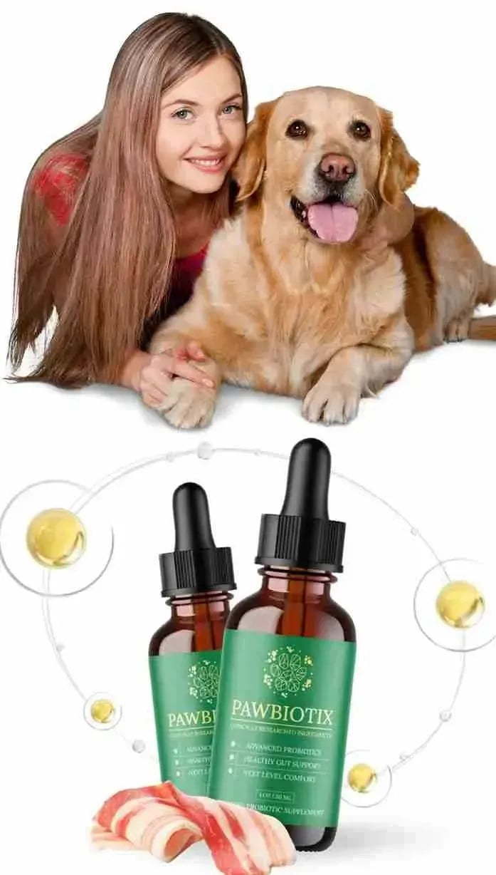 Happy pet parent with her golden retriever and PawBiotix bottles